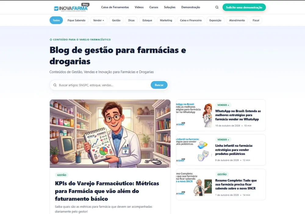 Página inicial do blog InovaFarma, de gestão para farmácias e drogarias